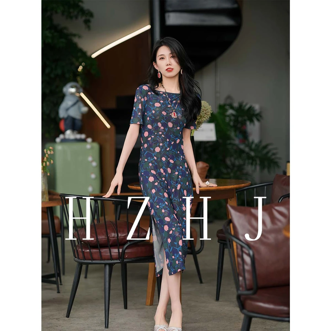 HZHJ新款原创设计 夜色花园侧开叉连衣裙短袖轻奢贵族秀款通勤408