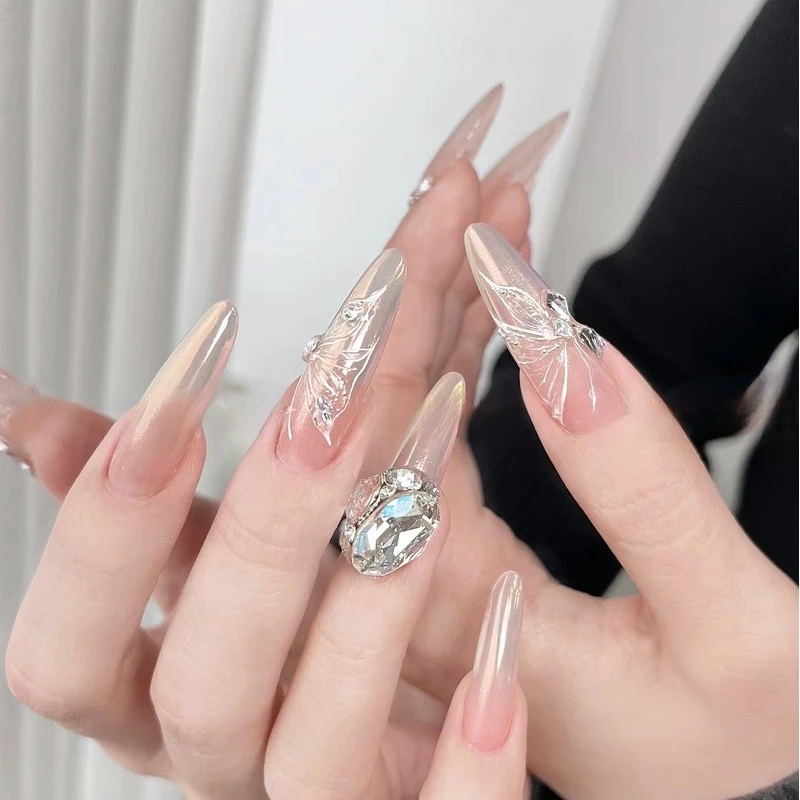 纯手工极光蝴蝶仙女镶钻温柔线条蝴蝶珠链纯欲美甲穿戴甲