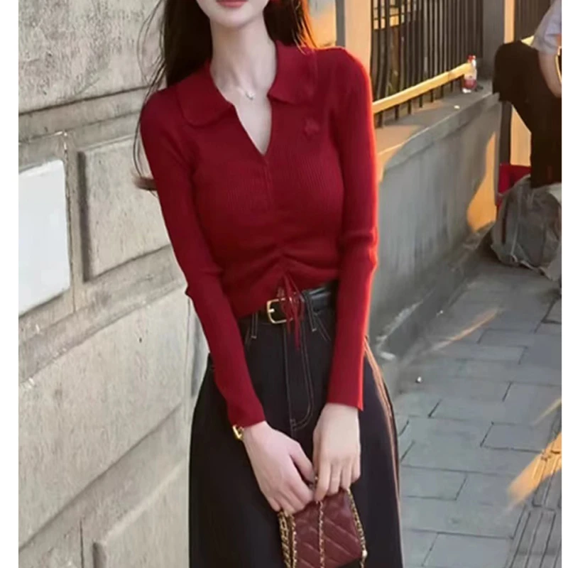 2025春秋减龄洋气抽绳短款针织衫百搭翻领打底毛衣+阔腿牛仔长裤