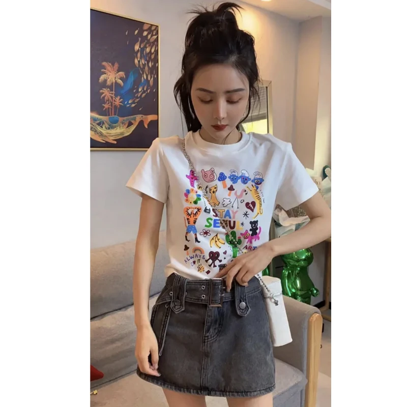 夏季小个子百搭短袖印花圆领卡通上衣高腰显瘦A字半身裙牛仔短裙