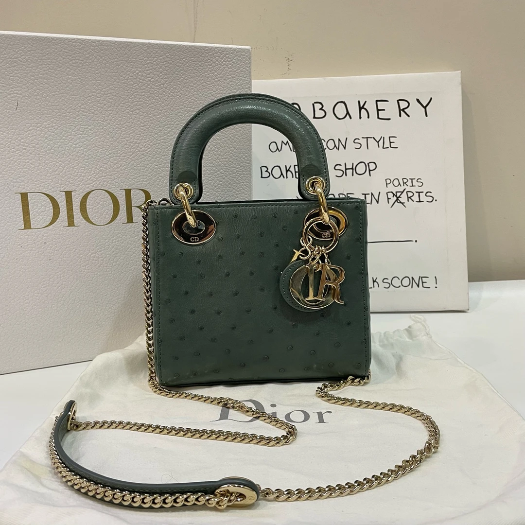 95新 DIOR/迪奥 【蔡包紫】墨绿色鸵鸟皮三格戴妃