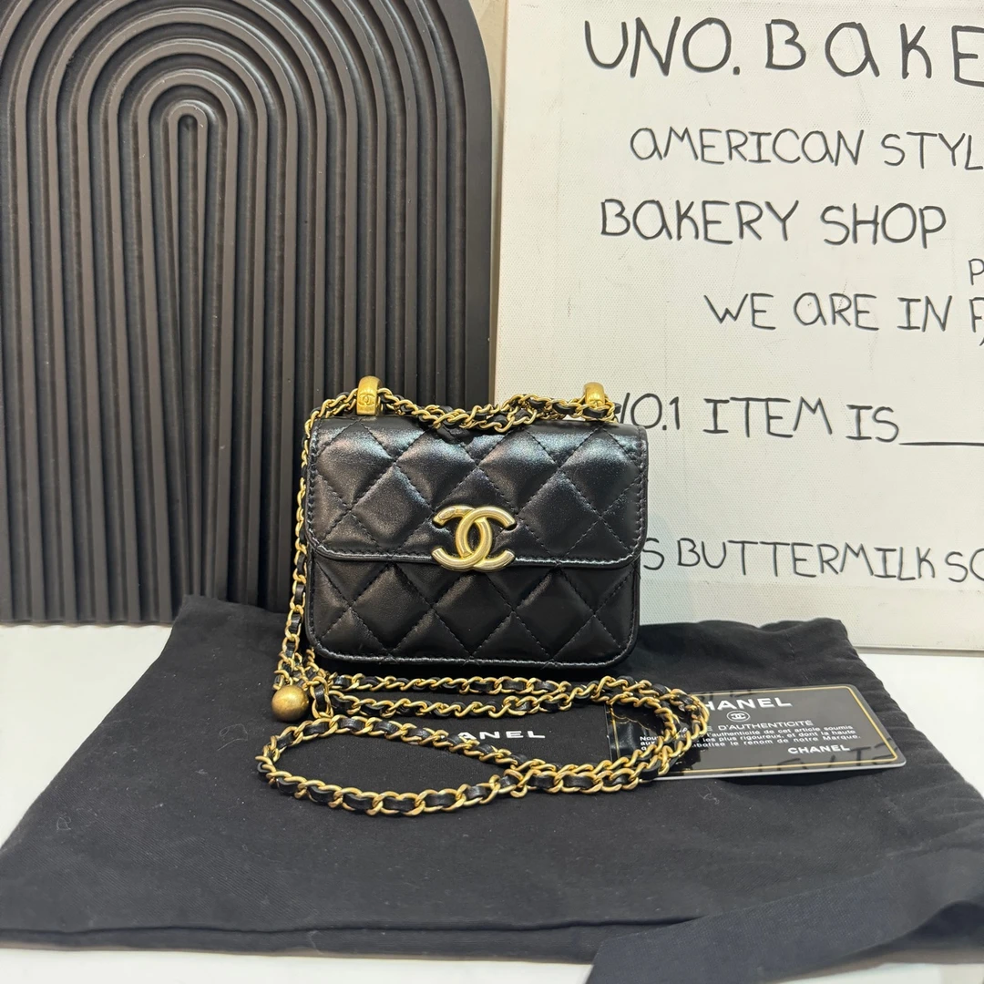 95新 Chanel/香奈儿 【蔡包紫】黑金双金珠woc mini
