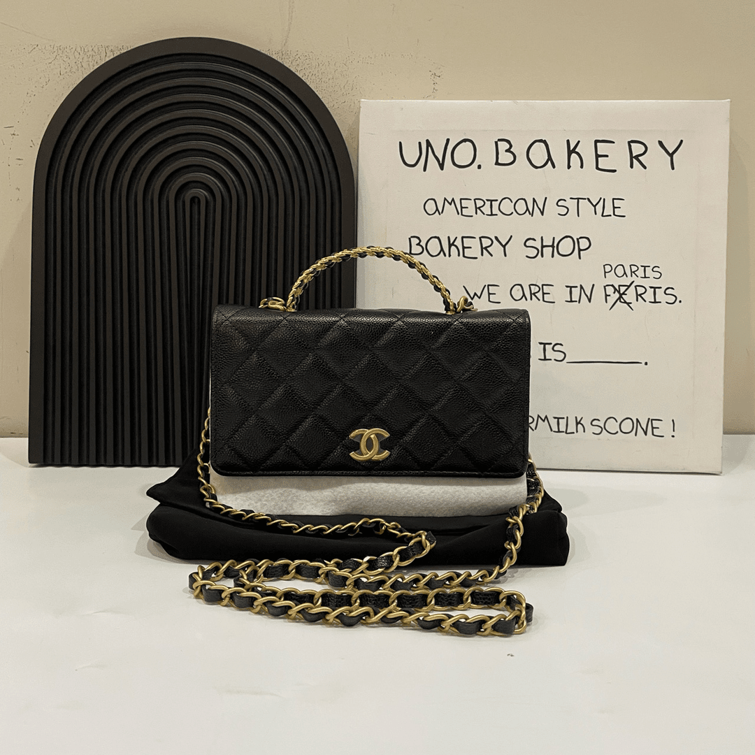 99新 Chanel/香奈儿 【蔡包紫】22s黑金镂空字母手柄woc