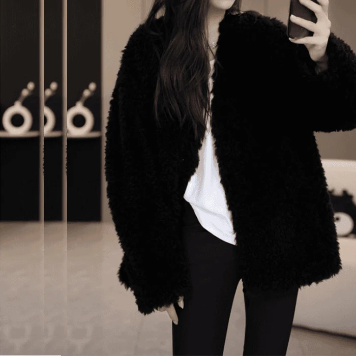 新款韩版冬季简约V领时尚休闲女士宽松显瘦羊羔毛外套2577