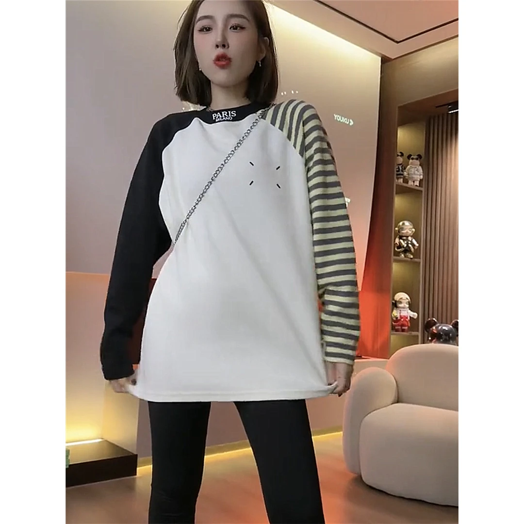 欧货秋季新款设计感小众AB长袖T恤女时尚圆领撞色宽松打底衫上衣