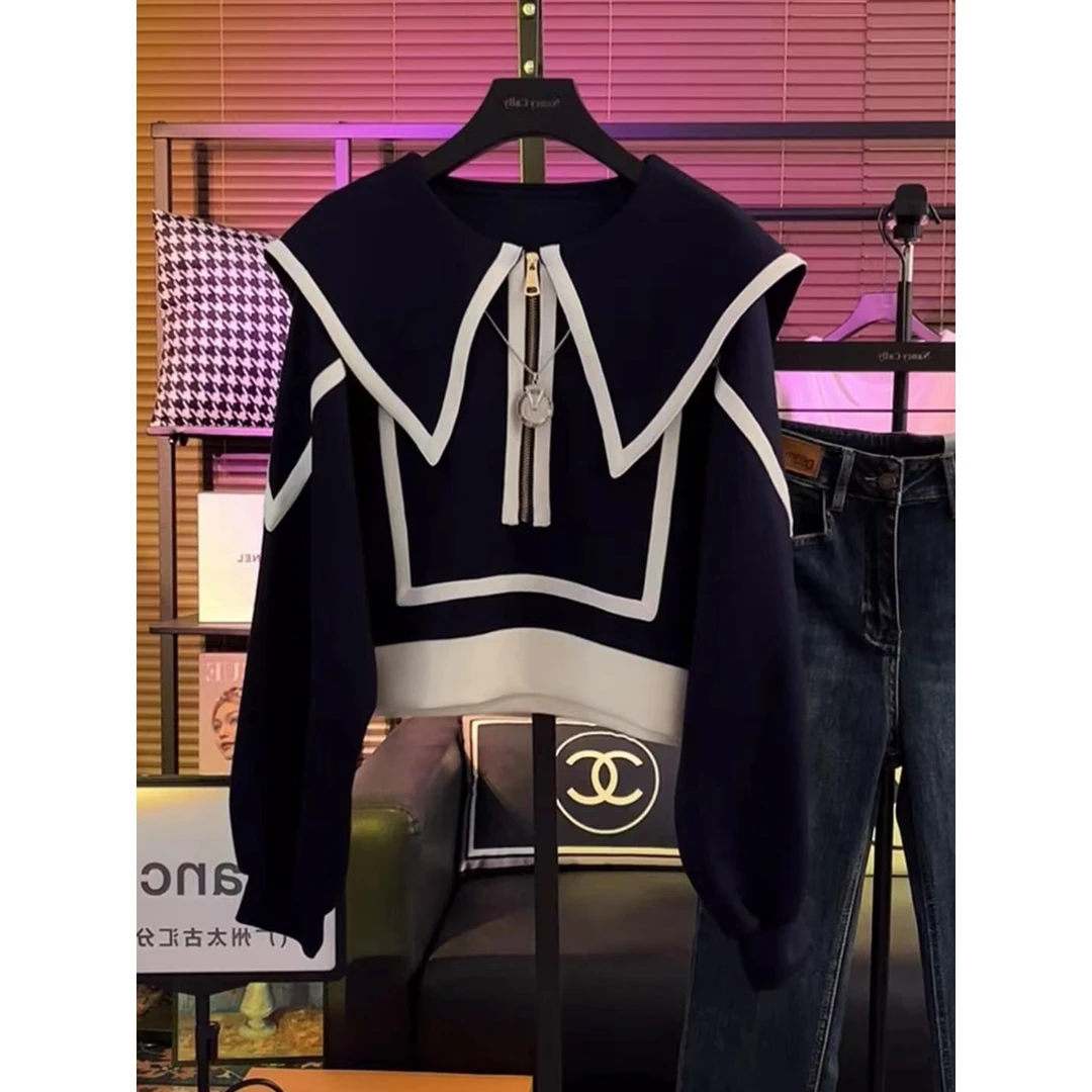 秋冬长袖卫衣女设计感小众海军领时尚拼接撞色翻领半拉链上衣1973