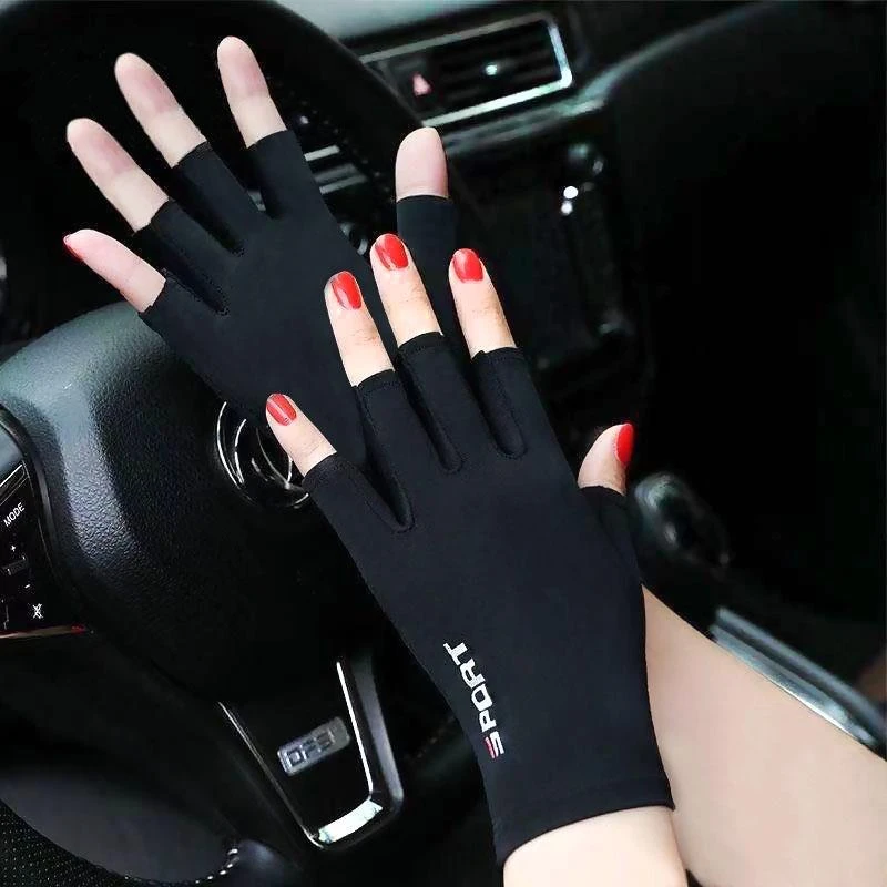 夏季冰丝手套防晒薄款漏半指女式开车骑行钓鱼防滑露半指女运动款