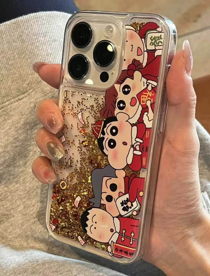 发财蜡笔小新适用苹果16流沙金手机壳华为oppo高级小米15vivo高端