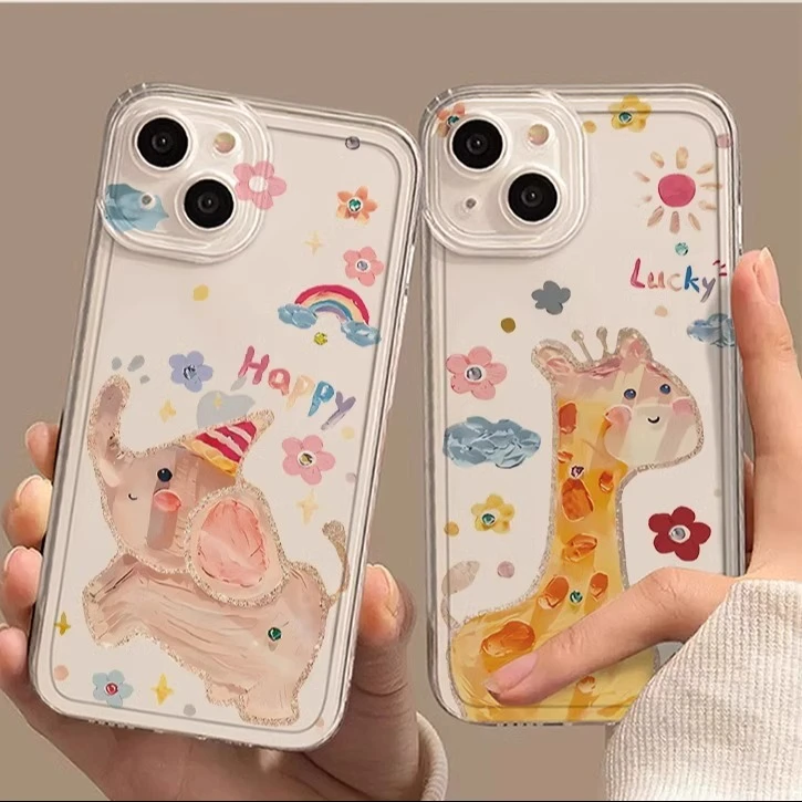 可爱油画象适用iPhone15手机壳苹果13情侣长颈鹿华为vivo小米OPPO