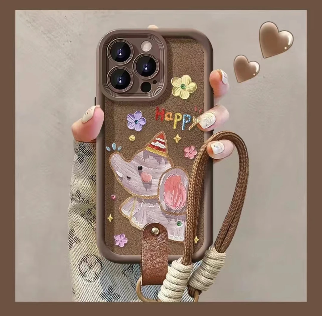 快乐小象小羊皮挂绳手机壳适用iphone16苹果15华为vivo小米oppo软