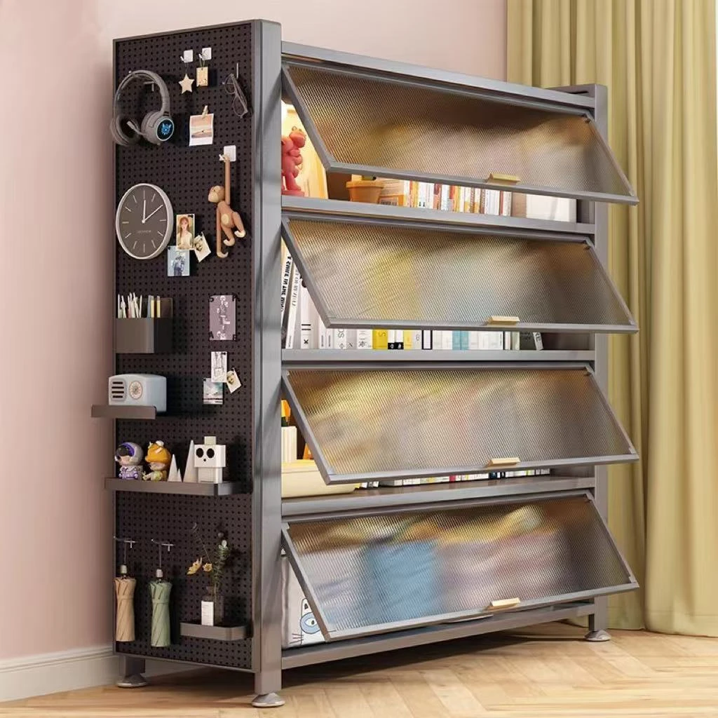 钢制书柜带门儿童书架防尘储物柜落地卧室置物架客厅展示柜收纳柜