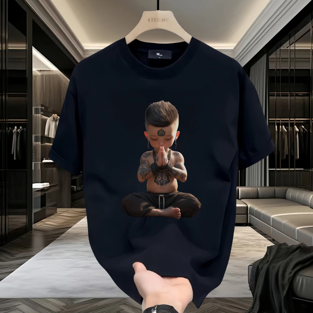 佛系小男孩纯棉半袖T恤青年男士夏季新款ins潮牌街头宽松圆领潮流