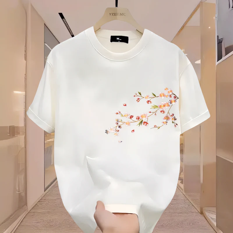 新中式国风纯棉短袖T恤男士夏季花朵印花百搭宽松ins潮半袖上衣服