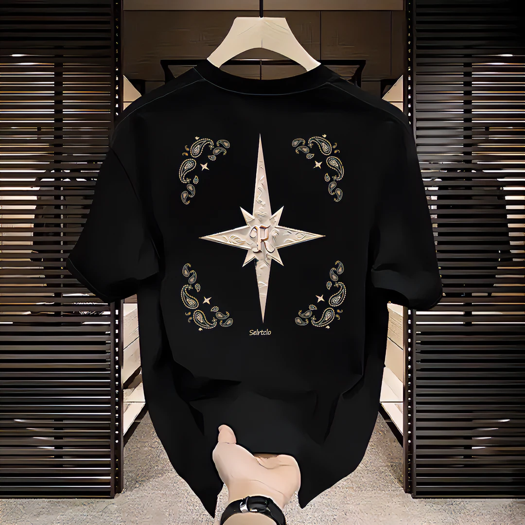 镶钻男士气质轻奢夏季半袖设计师设计感百搭黑色小众宽松修身印花