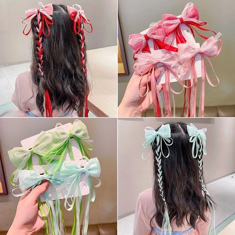 小女孩高颜值丝带蝴蝶结长飘带编发发夹儿童清爽夏日甜美发饰头