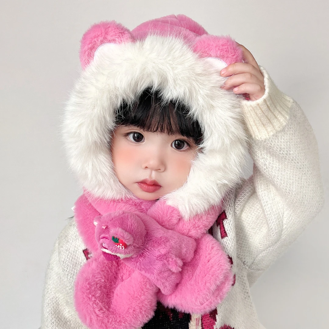 儿童帽子围巾一体秋冬两件套保暖可爱加厚宝宝帽男女童冬天护耳帽