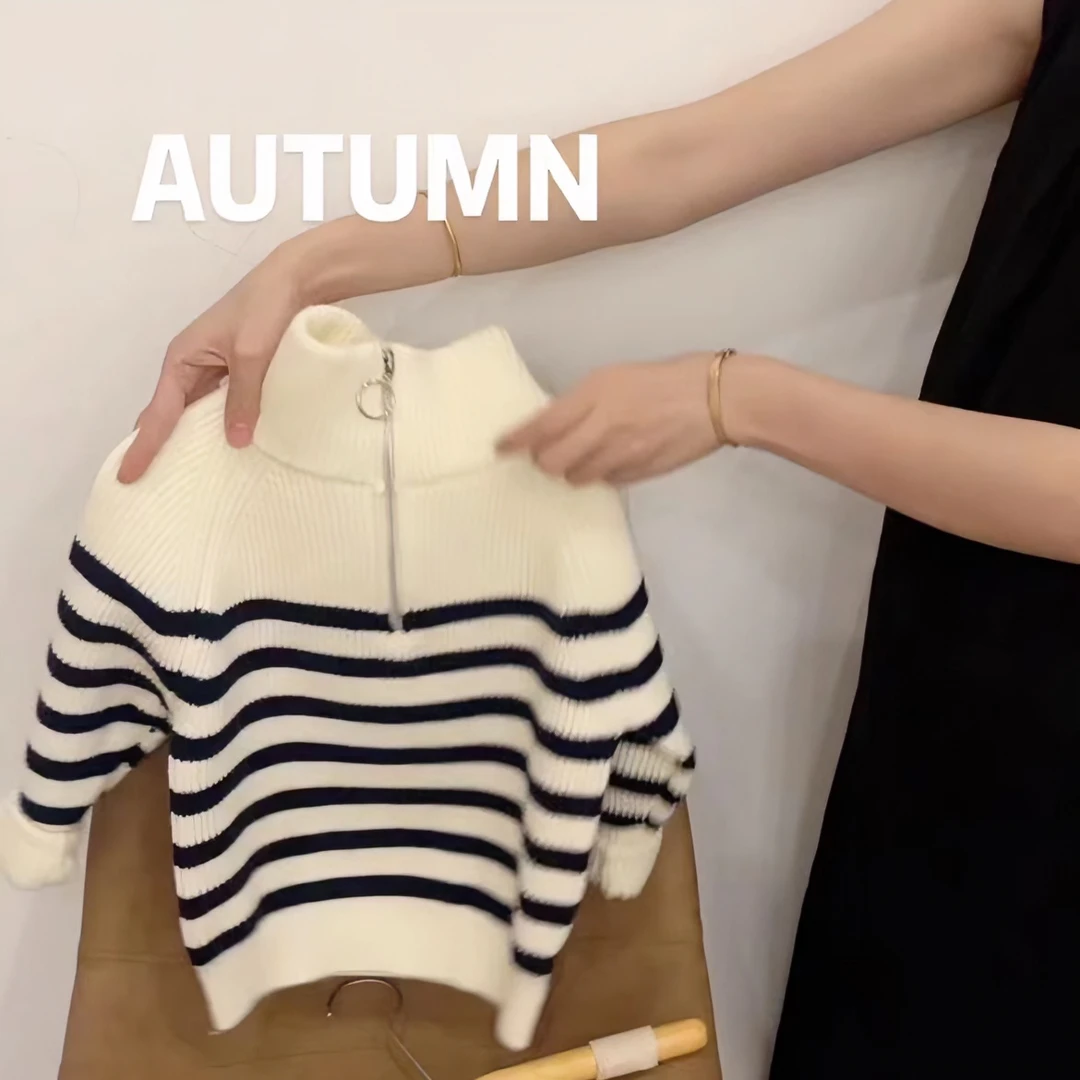 【现货】2023秋季新品立领套头毛衣针织时尚休闲百搭条纹韩版宽松