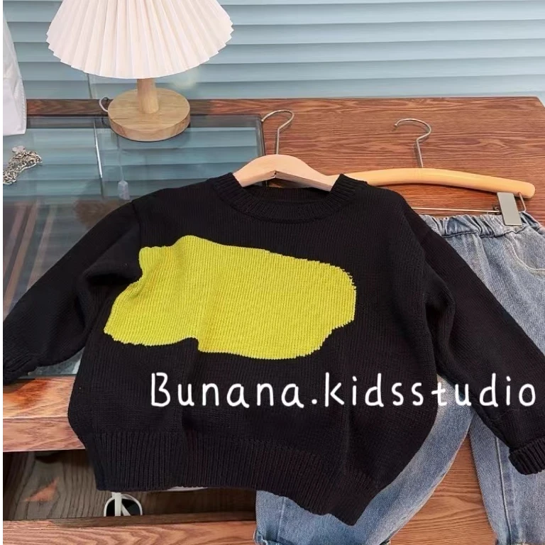 【拼绿】2024秋季新品儿童毛衣黑色圆领套头拼色百搭宽松秋冬
