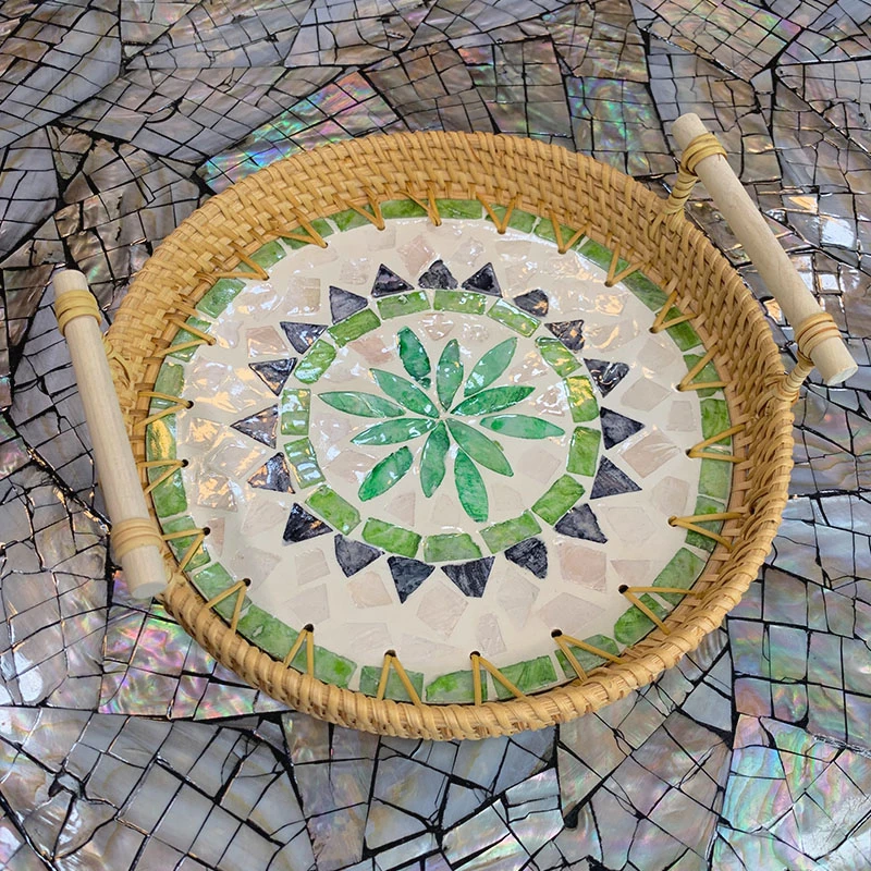 TB04贝壳藤编双耳波西米亚风格双耳托零食水果篮盘直径24cm