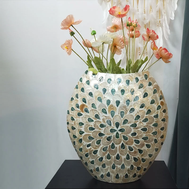 轻奢装饰花瓶摆件贝壳镶嵌工艺孔雀羽图案长42高40宽约13cm