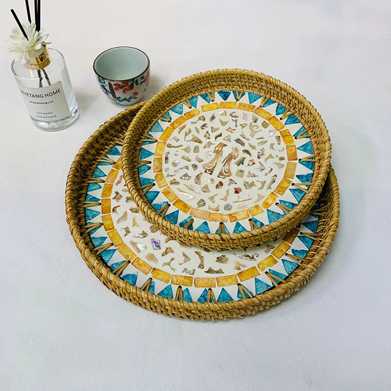 越南手工藤编彩贝托盘圆形零食家用收纳盘点心盘两件套