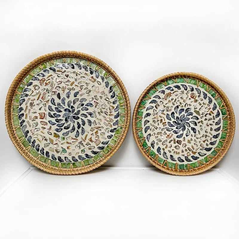 繁花款圆形藤编贝壳托盘家用果盘果篮两件套直径30-35cm