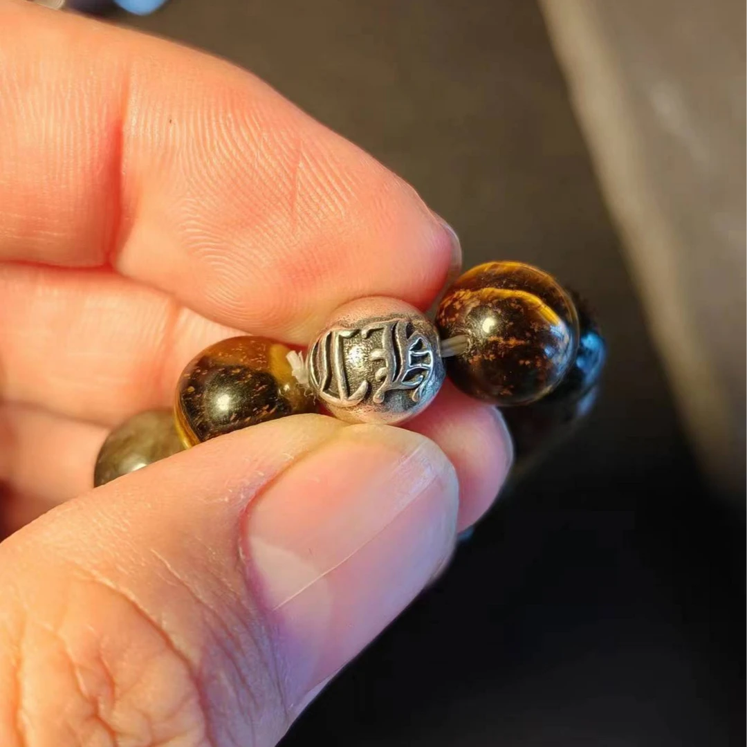 铜合金手链 虎色手串男生个性百搭男士手工雕刻弹力十字花手串