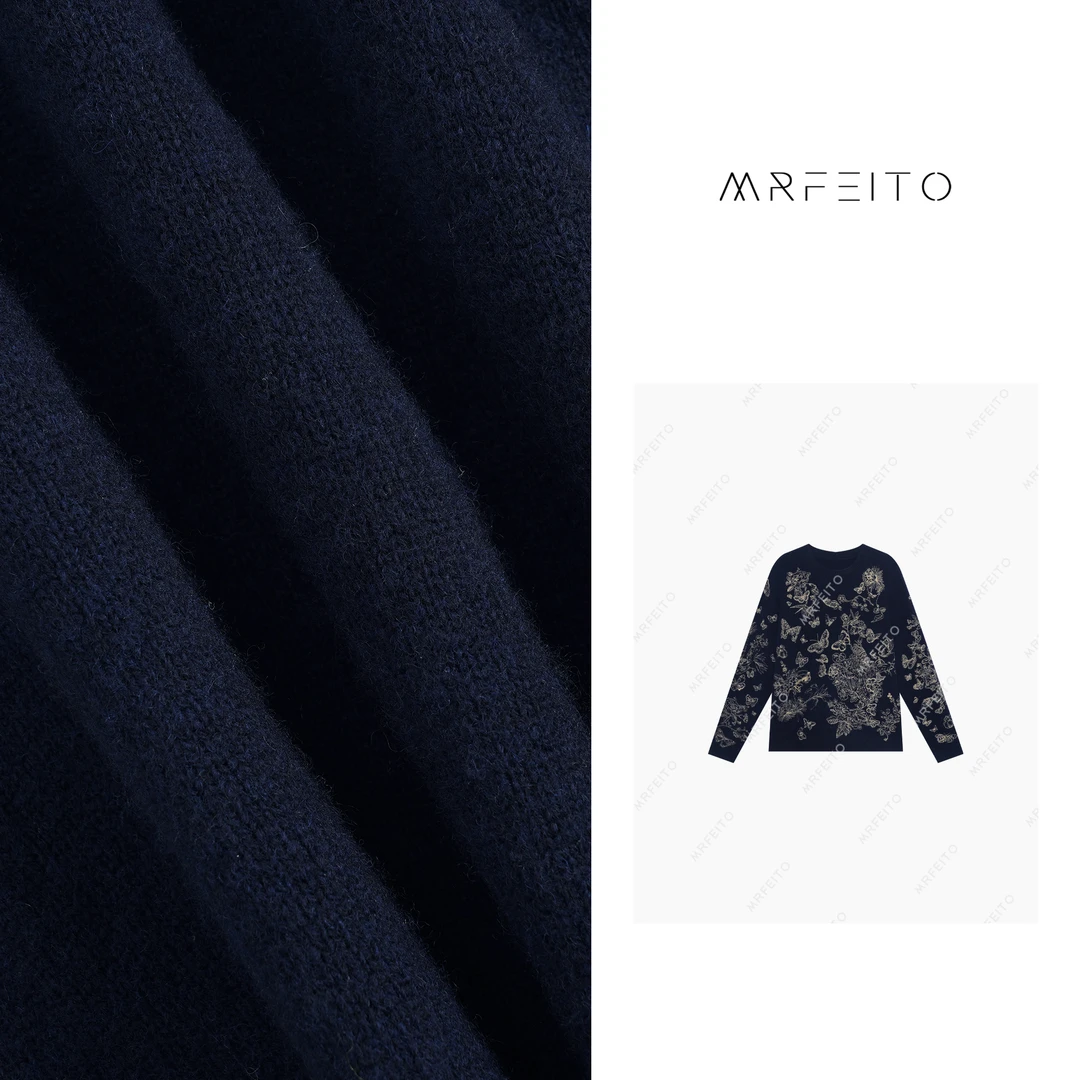 MRFEITO【蝶恋花】气质全身刺绣蝴蝶花朵女士针织上衣H790M01Q26715