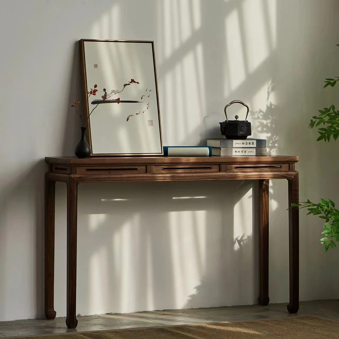 新中式黑胡桃木条案实木禅意玄关桌老榆木平头案明式供桌案几条几