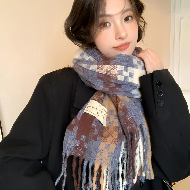 氛围感～高品质复古格纹流苏围巾女冬季长款围脖披肩韩版百搭保暖