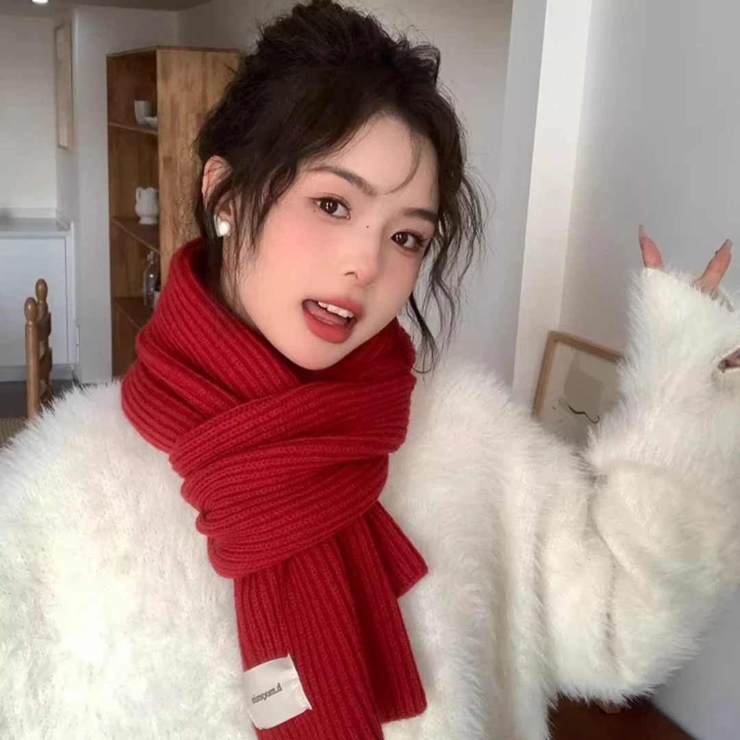 超甜哇～针织毛线围巾女冬季2025新款百搭韩版围脖纯色保暖学院风