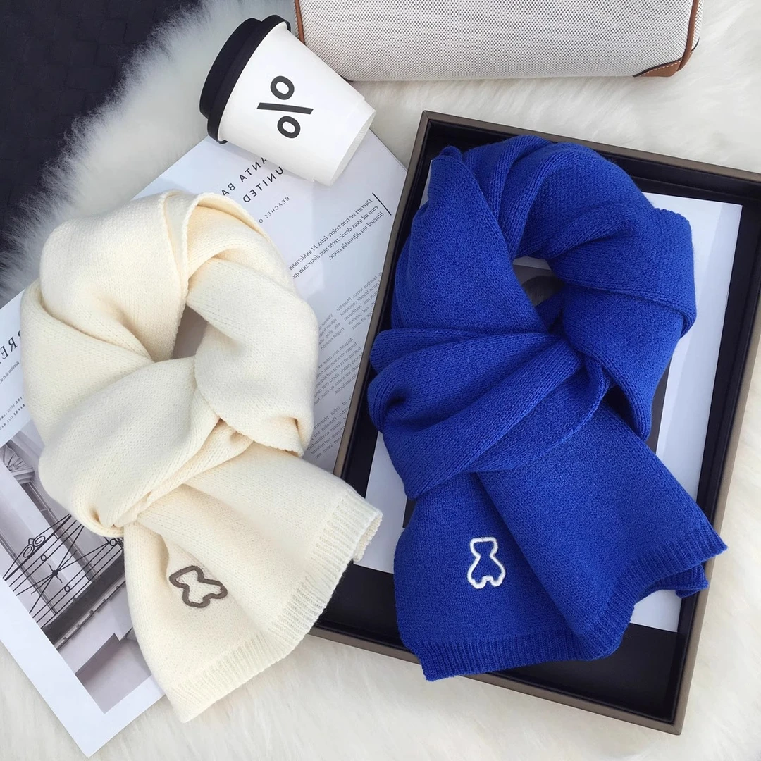 韩版ins百搭克莱因蓝围巾纯色羊绒针织情侣款围巾女冬季加厚保暖