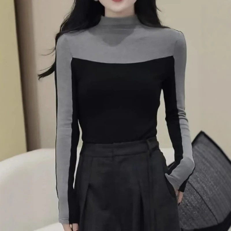 【修容T】气质拼接撞色长袖T恤女百搭显瘦上衣