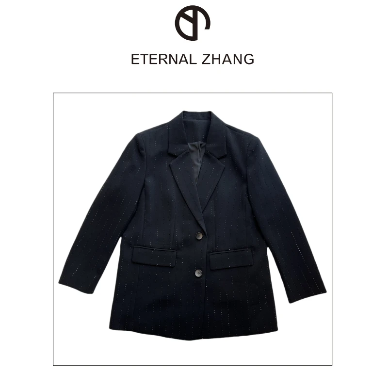 【ZY-原创&设计】高级定制轻奢竖条满钻西装外套 W0073设计师黑色