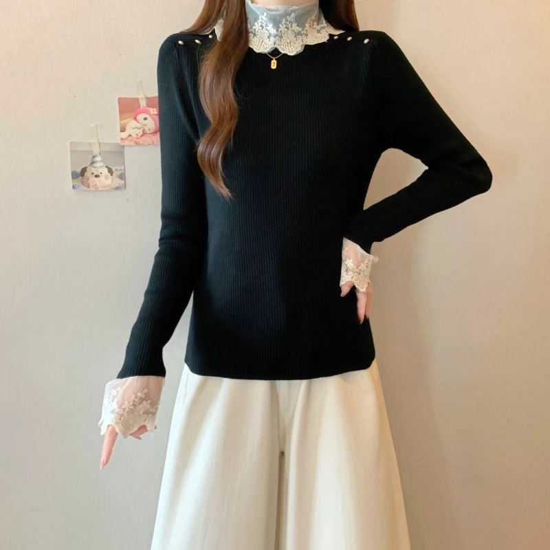 小香风法式蕾丝半高领打底针织衫女秋冬大码胖mm气质显瘦内搭上衣