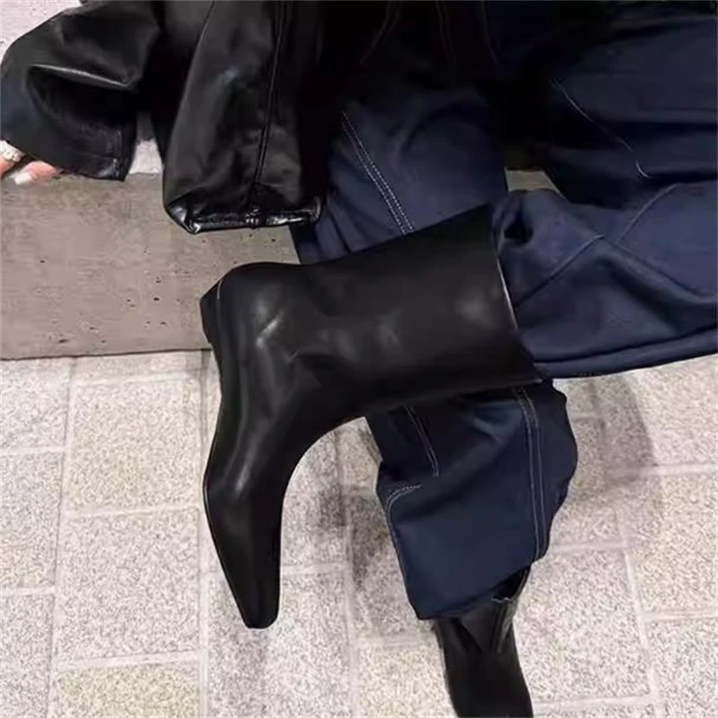 牛皮版~秋冬新款复古坡跟中筒宽松套筒骑士靴烟筒真皮百搭短靴女