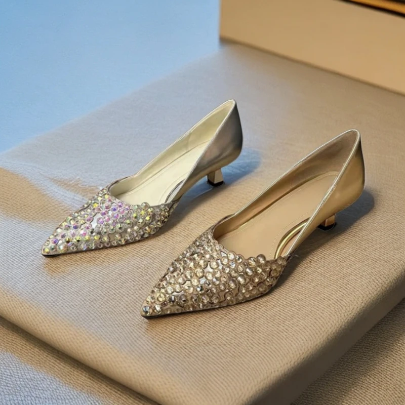 尖头细跟水钻单鞋2025春季新款拼色浅口小众设计宴会婚鞋新娘 4cm