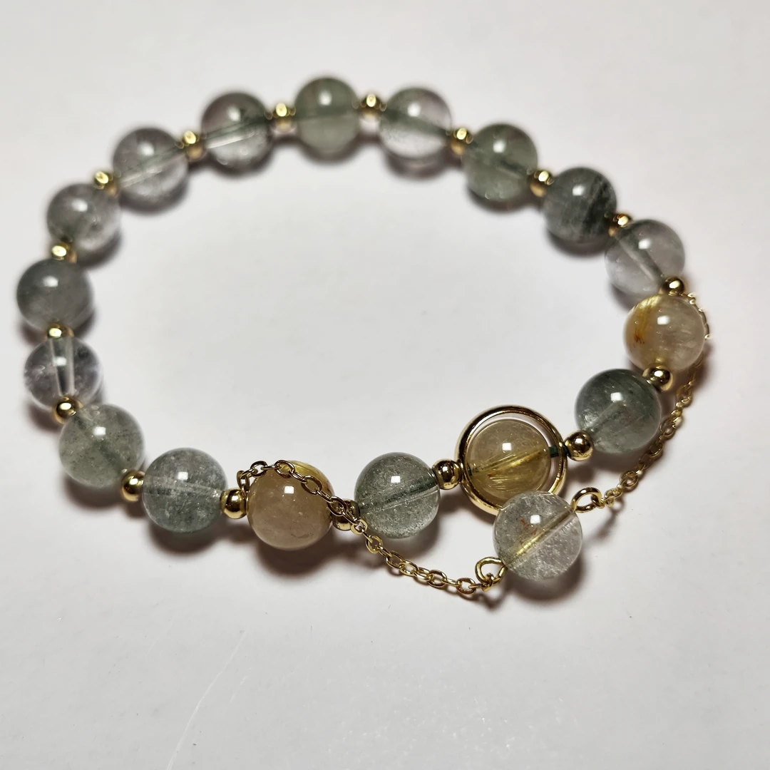 铜合金手链 时尚轻奢百搭小清新单圈手链绿+黄珠链条小吊坠