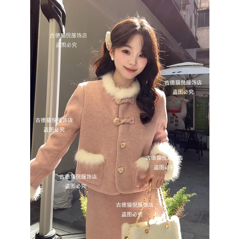 【冬日暖阳】高级感毛呢新中式气质外套+毛呢时尚半身裙套装两件套