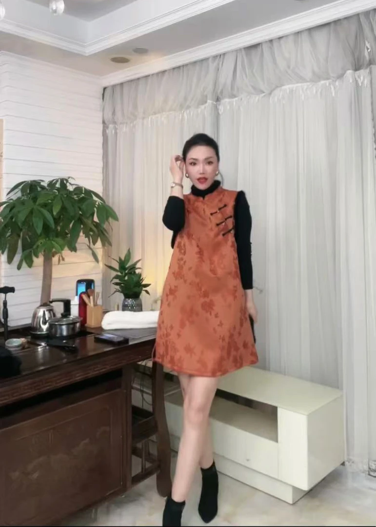 清货新款加绒马甲裙无袖国风提花国风斜襟新中式连衣裙