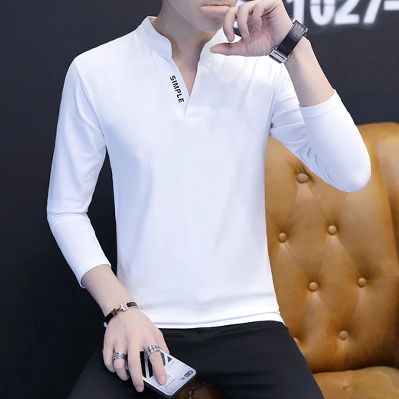 V领男士长袖t恤秋冬装新款上衣春秋季卫衣男款内搭打底衫男生