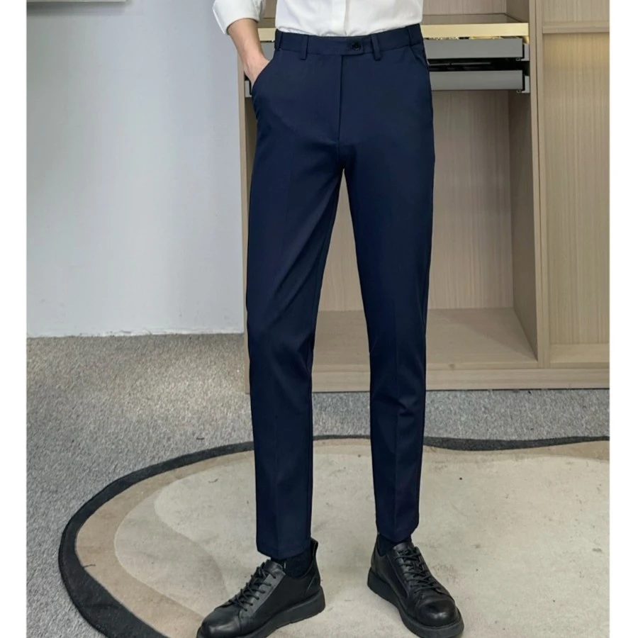 夏季新款男士西裤商务百搭修身小脚休闲裤纯色英伦松紧腰长裤子男