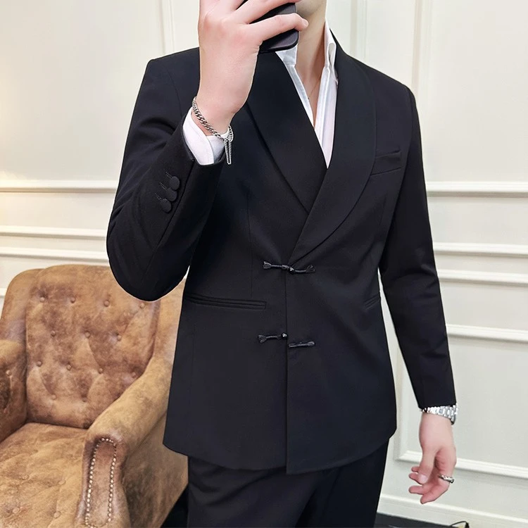 男士中国风休闲盘扣西服宴会修身上衣新郎伴郎礼服外套纯色西装