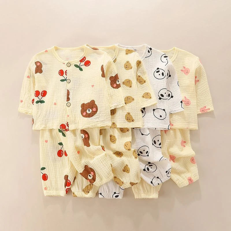 儿童薄款双层棉纱布七分袖睡衣夏季纯棉家居服男女宝宝七分裤套装