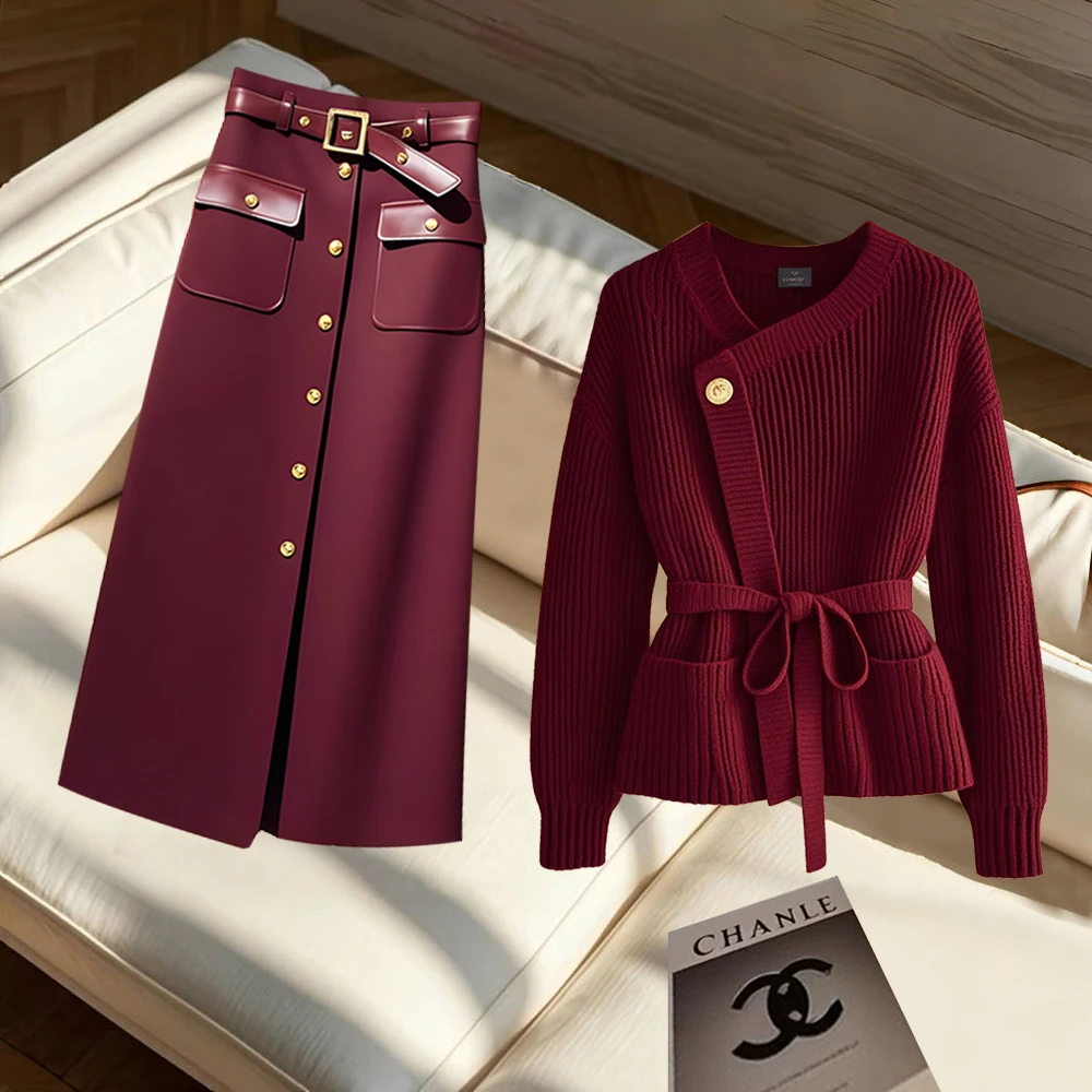 韩系设计感别致气质收腰感轻奢名媛上衣中长裙春秋女秋季2025