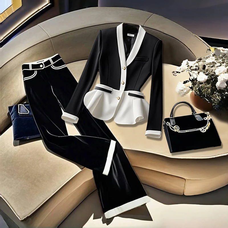 韩版高端欧货显瘦时尚独特别致黑色上衣气质轻奢休闲裤网红套装女