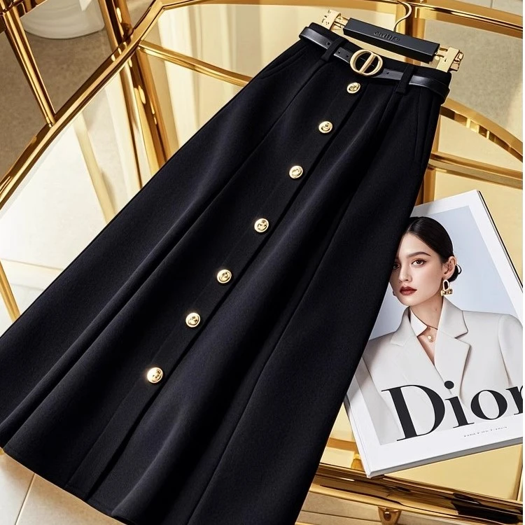今年流行爆款黑色a字半身裙女2025秋季感气质高腰显瘦长中长款