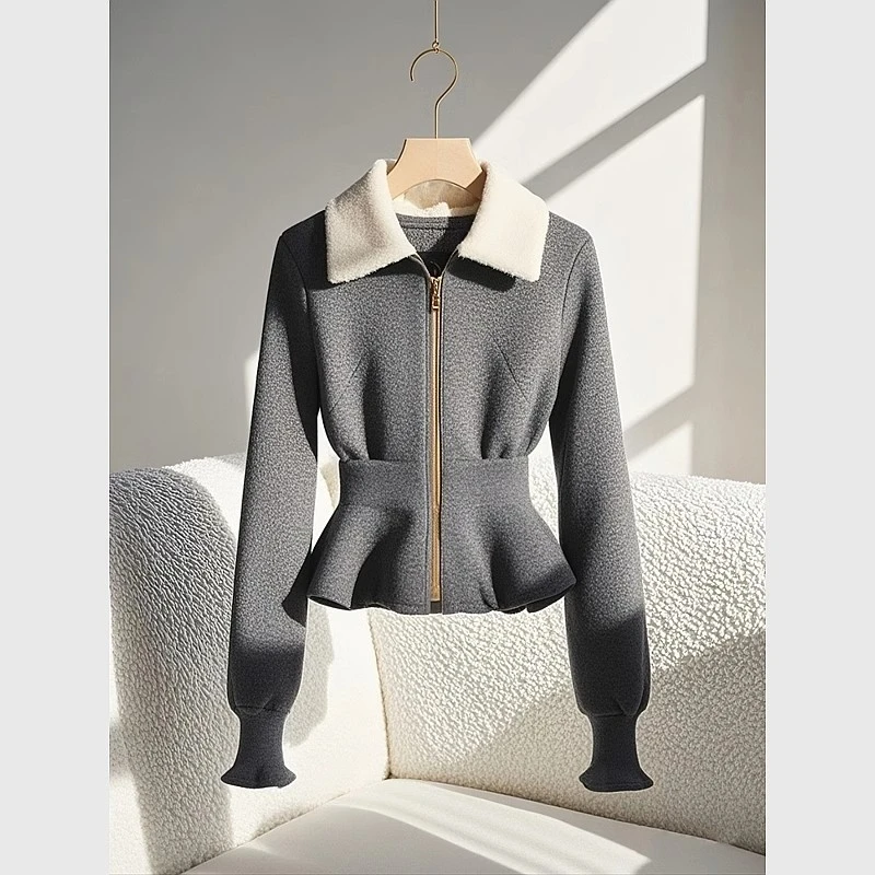 2024韩版气质漂亮加绒加厚上衣独特超好看小香风灰色收腰外套女冬