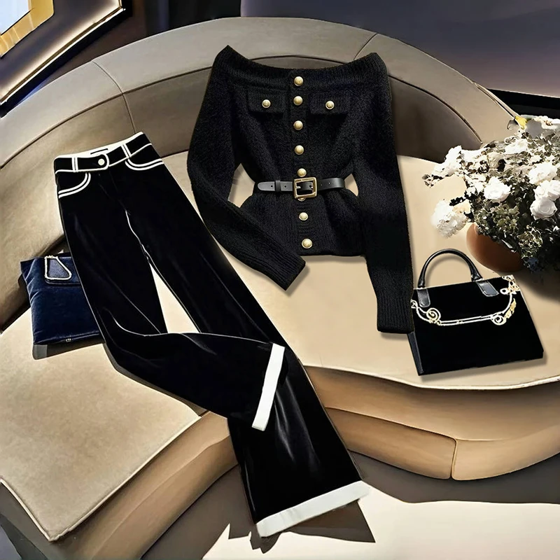 失序混搭高端欧货时尚独特别致针织上衣休闲裤气质轻奢网红套装女