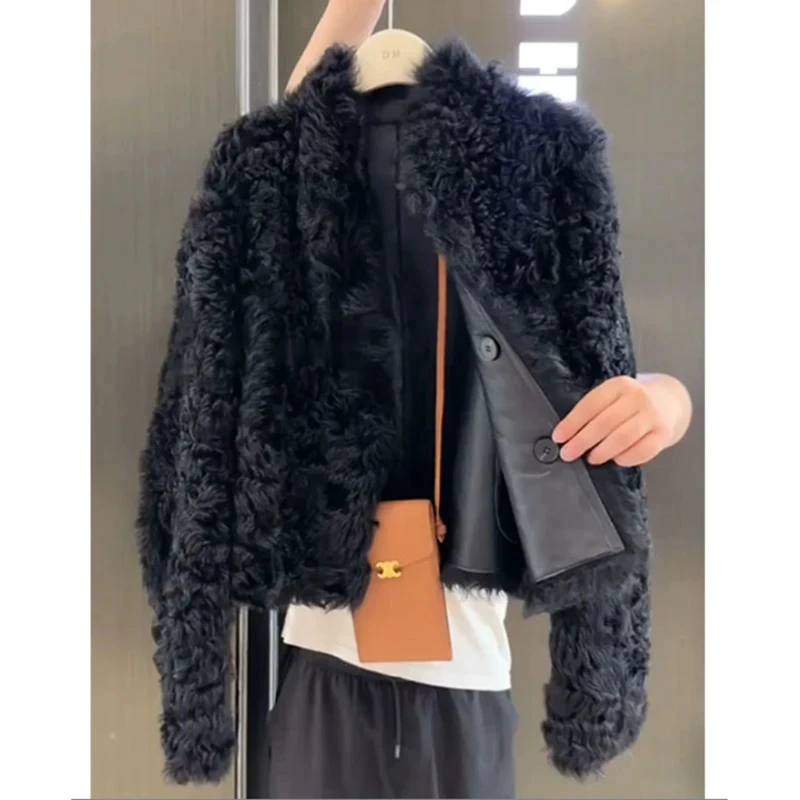 超好看加厚pu皮拼接黑色高级感外套女秋冬韩系穿搭小个子chic上衣